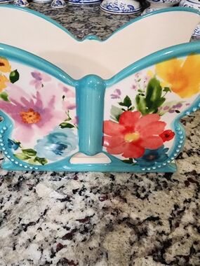 Pioneer Woman Turquoise Floral Ceramic Butterfly Napkin Holder
